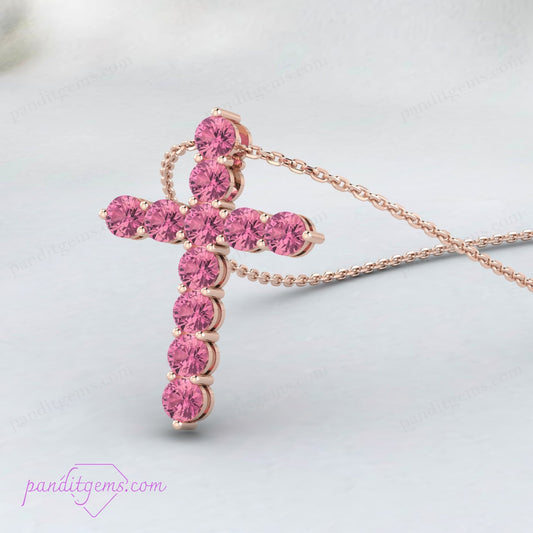 Embrace Elegance and Spiritual Healing with Our 925 Silver Cross Necklace Adorned with Natural Pink Tourmaline