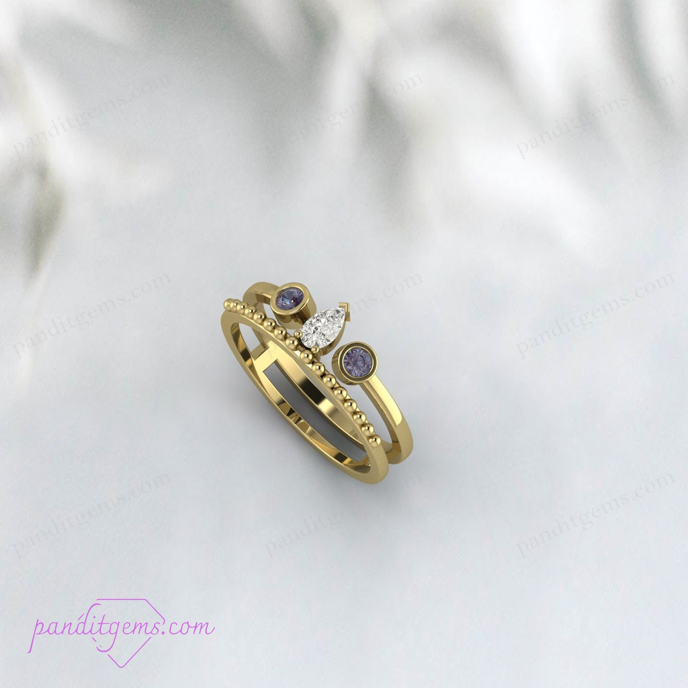 14K Gold Alexandrite and Pear Diamond Ring Enhancer for Wedding Sets.