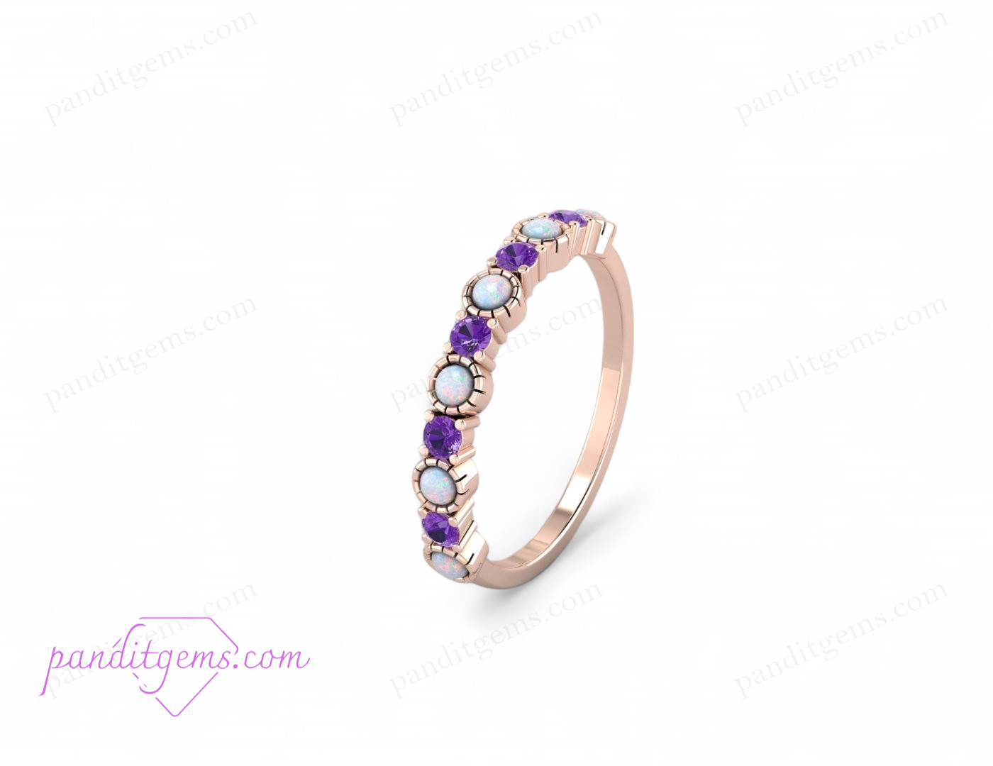 14K white gold wedding band featuring opal and amethyst gemstones, perfect for anniversaries or stacking.
