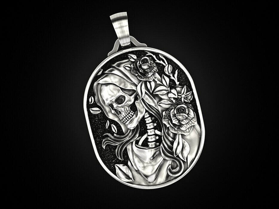 Skull Rose Serpent Pendant 925 Silver Skull Gothic Biker Necklace For Men Women
