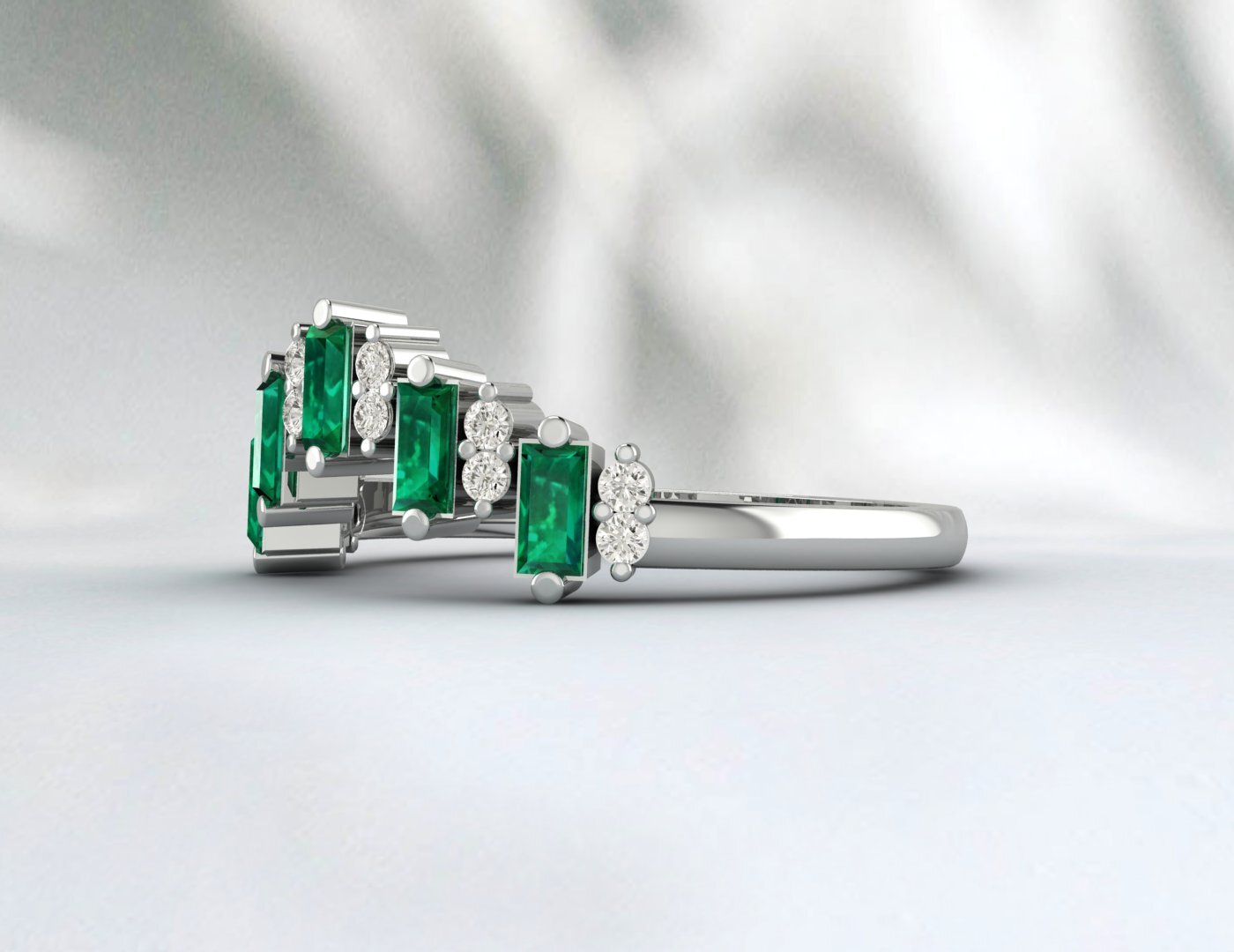 Baguette Green Emerald Crown Wedding Band Fine Silver Daimond Lab Created Band
