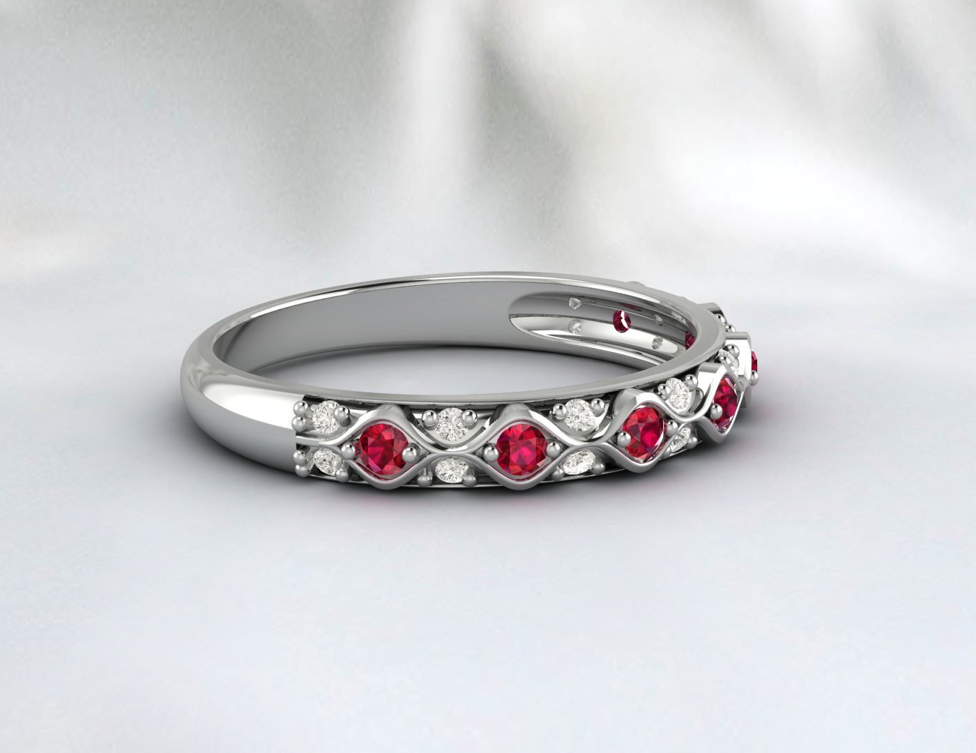 Ruby Cz Diamond Wedding Band Fine Silver Antique Unique Vintage Band Lab Created