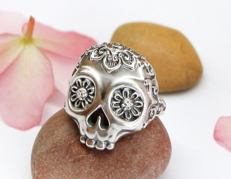 Flower Skull Ring Brass Gothic Punk Retro Style Biker Gift For Men Women US5 ~15