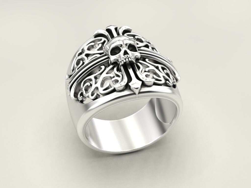 Punk Gothic Skull Cross Biker Ring 925 Silver Pirate Rider Jewelry Gift US5~15