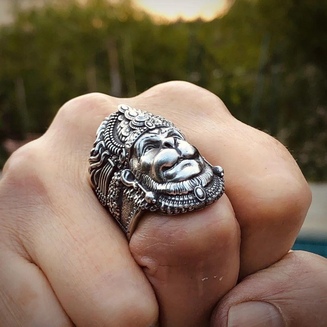 925 Sterling Silver Divine Hanuman Ring Monkey God Protector Hindu God US5~15