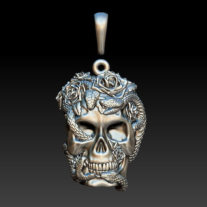 Silver Skull Roses Snake Serpents Pendant US7~15 Gothic Biker Jewelry Pendant