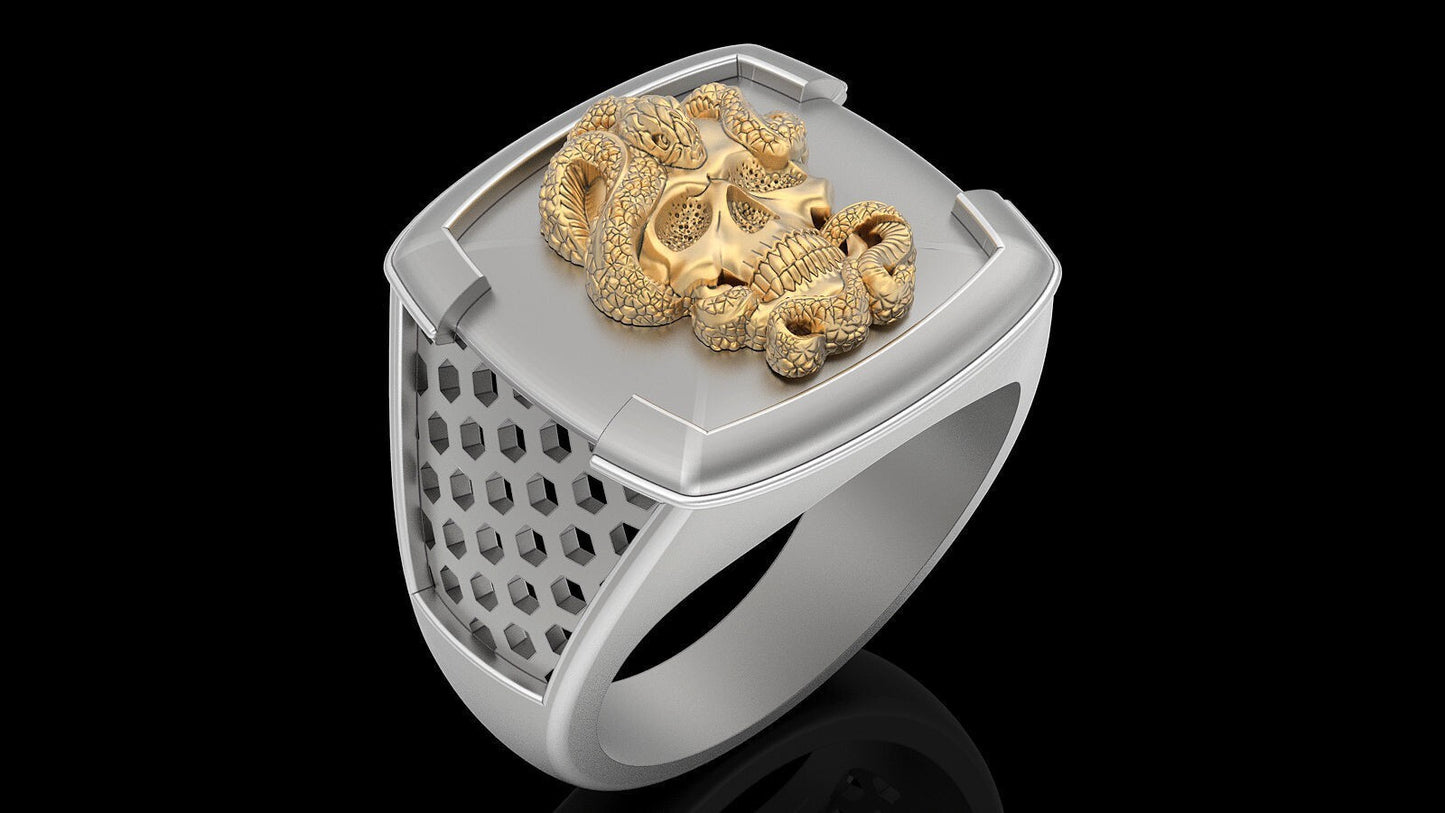 Brass Vintage Punk Snake Skull Ring Biker Hip Hop Style Men Skull Ring US5 ~15