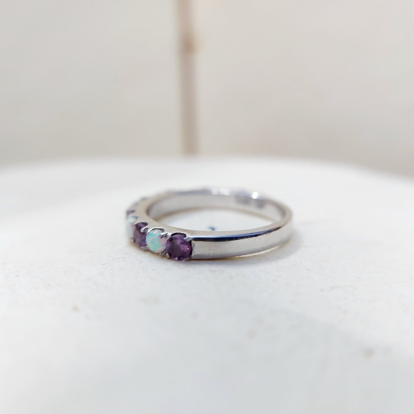 Fire Opal Amethyst Ring Genuine Silver Half Eternity Band Handmade Women US5~15