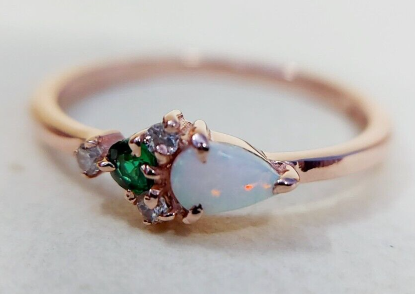 Pear Opal and Round Emerald Cluster Ring Silver Vintage Engagement Band Us5~ 15