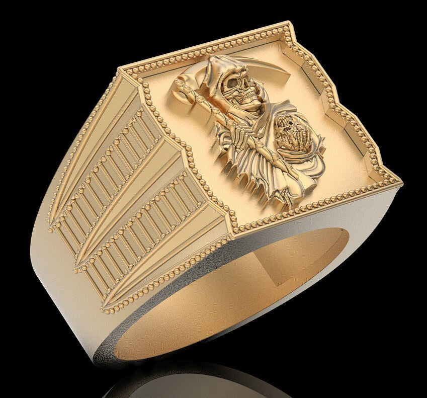Grim Reaper Skull Ring Brass Biker Gothic Death Head Signet Men Jewelry US5~15