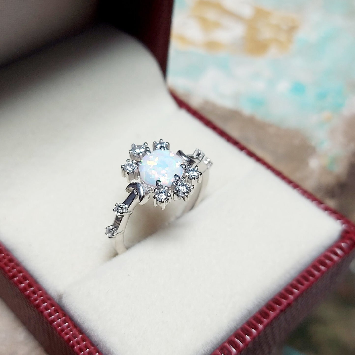Natural Opal Ring Round Cut CZ Cluster 925 Silver Gift Ring US5~15 Vintage Look