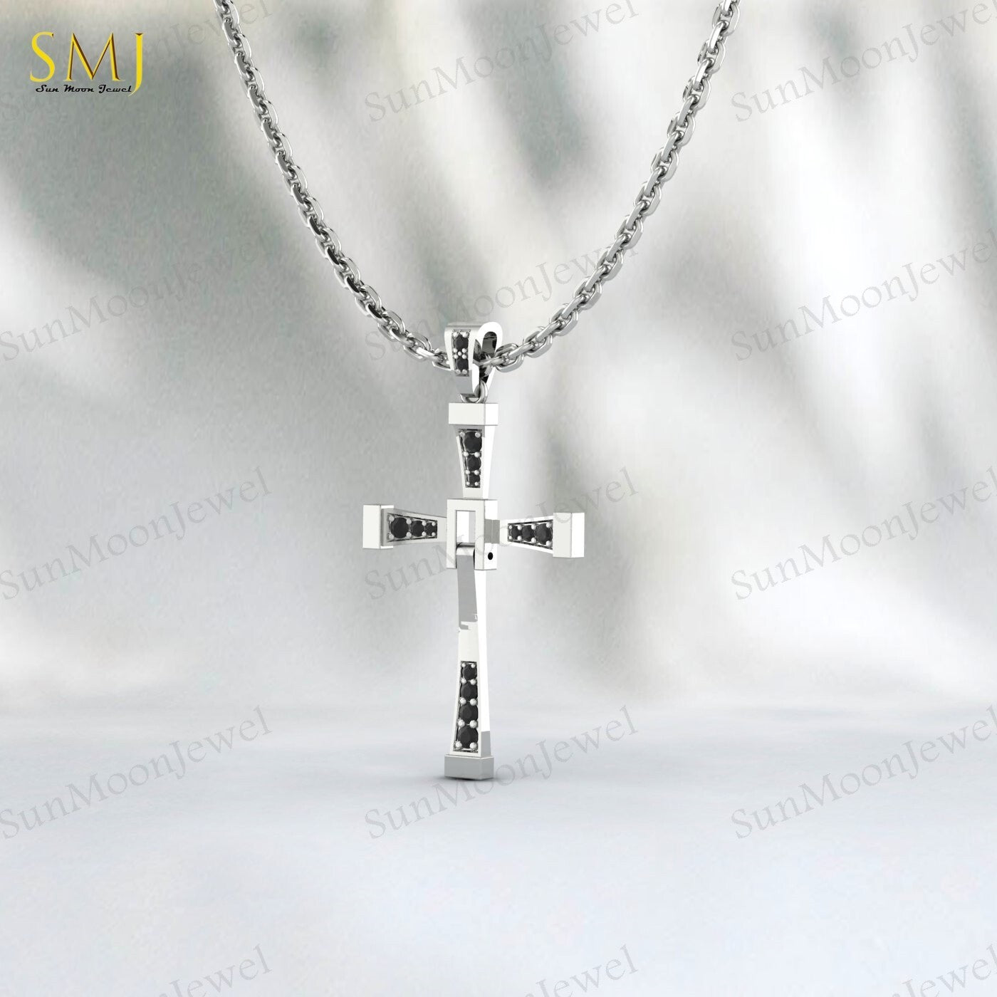 925 Silver Natural Black Onyx Cross Necklace Religious Charm Pray Rosary Pendant