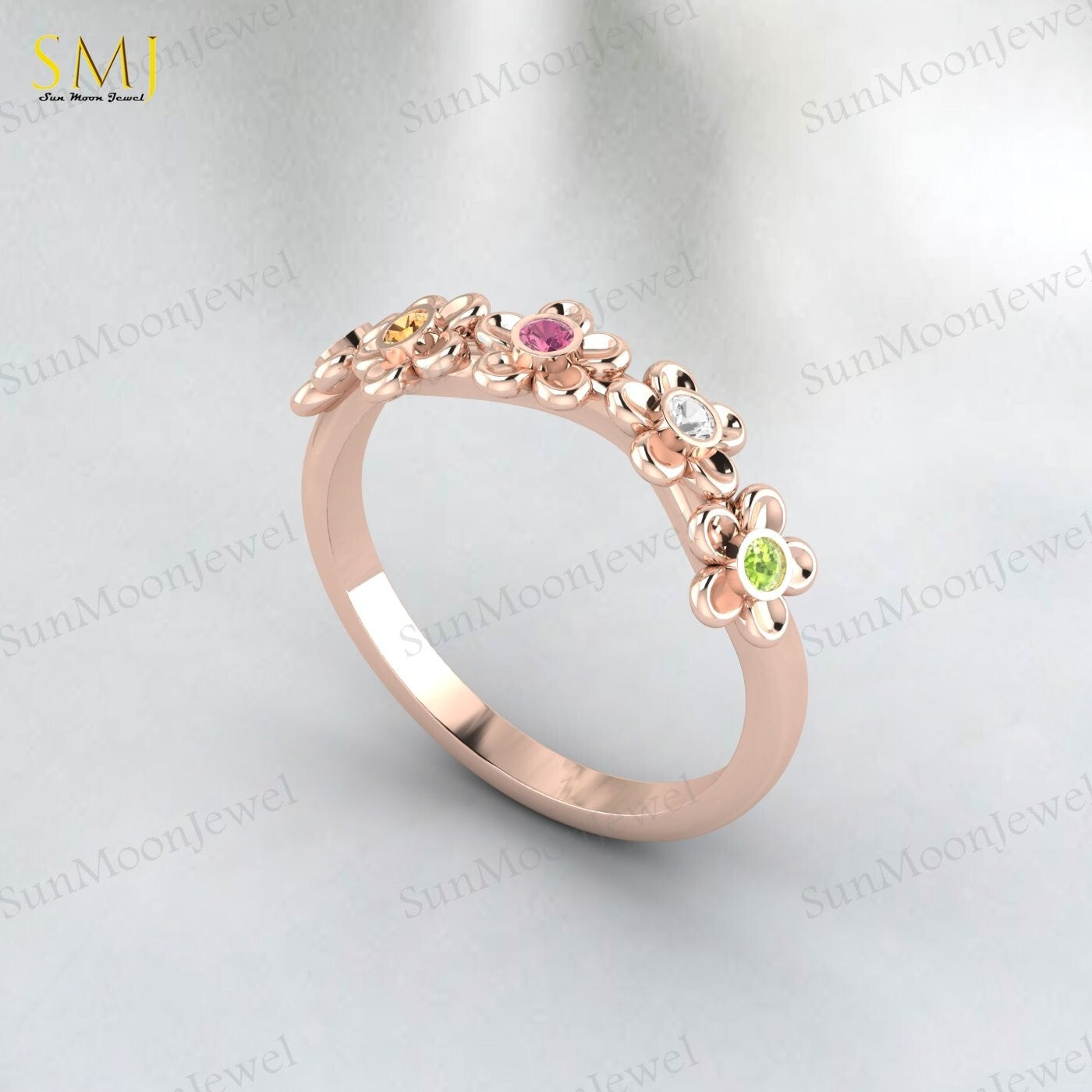 Natural Peridot Tourmaline Citrine Emerald Mutistone Flower Band in 925 Silver