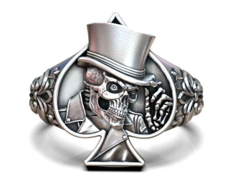 925 Silver Lucky Ace Spade Skull Hat Ring Casino Gothic Biker Poker Style US5~15