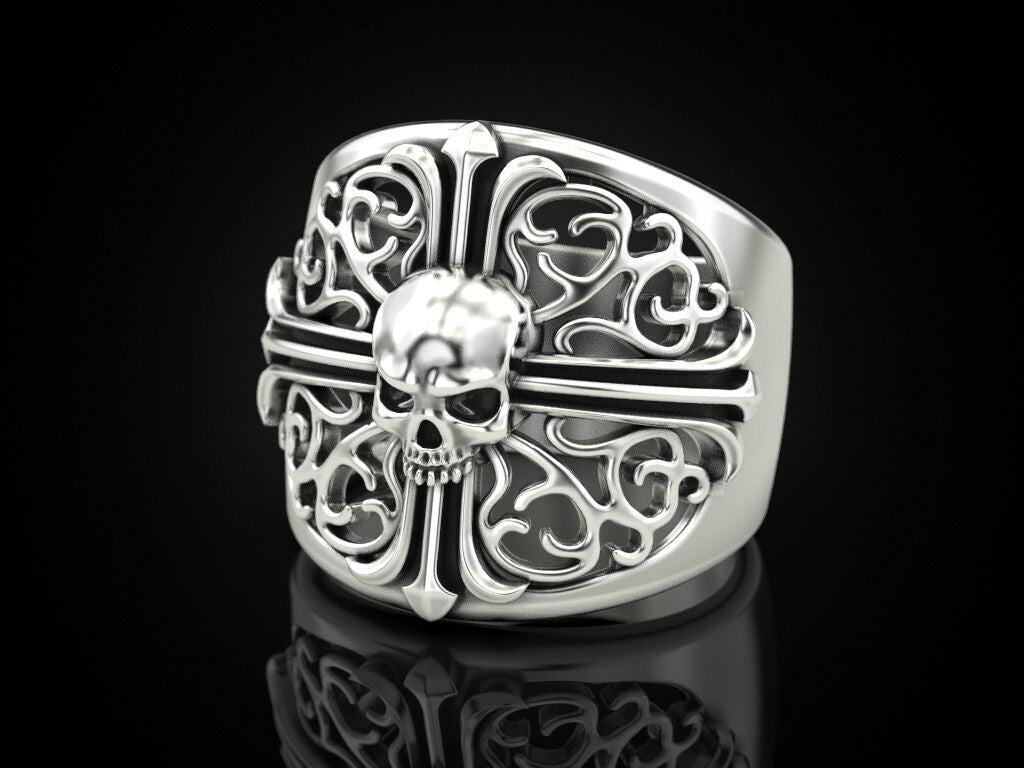 Punk Gothic Skull Cross Biker Ring 925 Silver Pirate Rider Jewelry Gift US5~15