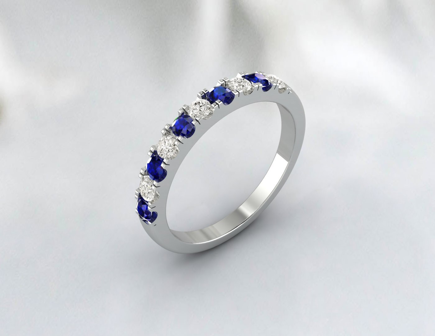Blue Sapphire Half Eternity Band With Cz Diamond 925 Sterling Silver Lab Created