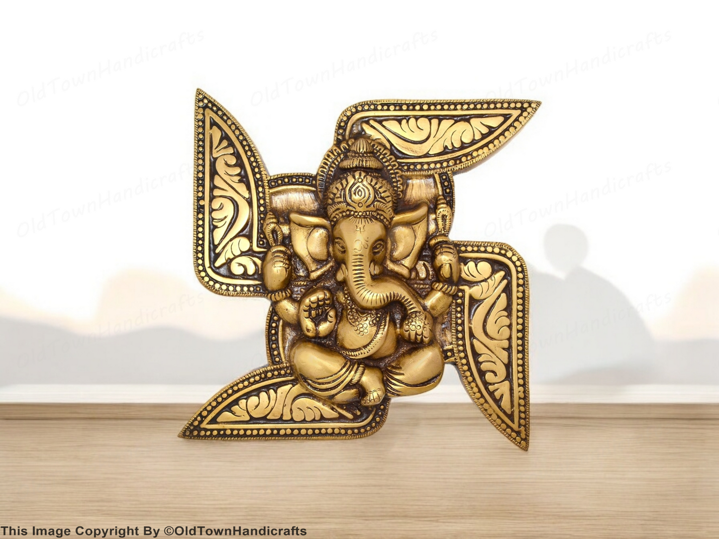 Brass Ganesha Swastika Wall Hanging 7x7" Hindu Decor | Auspicious Gift for Home