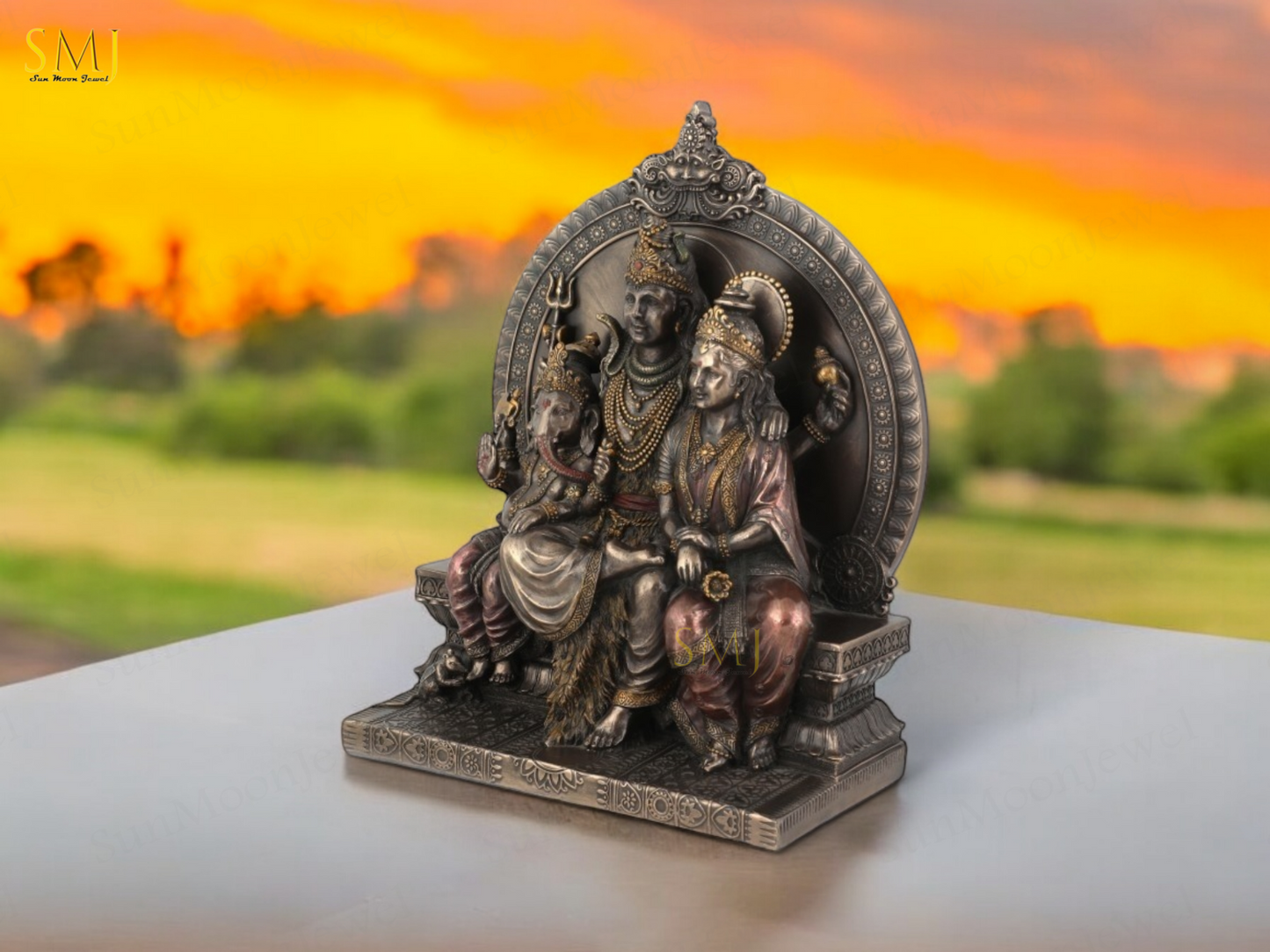 Shiv Family Copper Finish Sitting Shiva Parvati Ganesh Home Temple Decor Gift