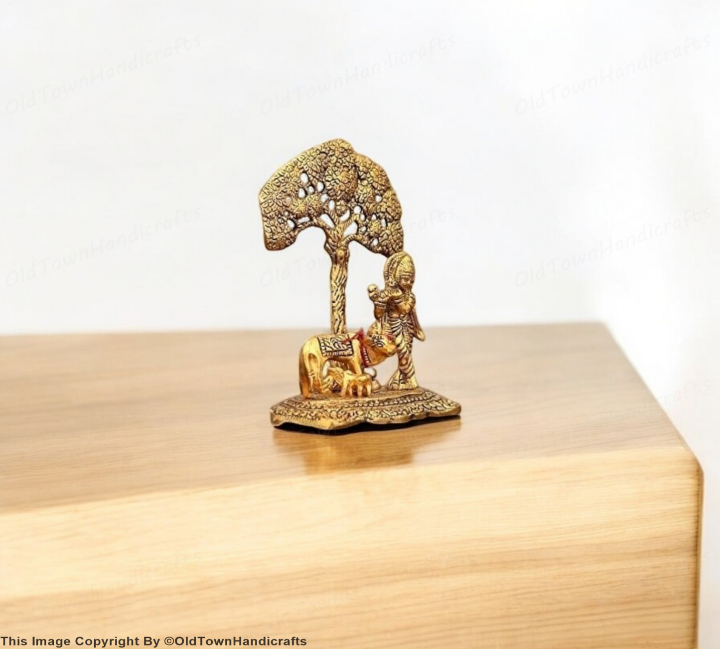 Brass Finish Krishna Idol with Cow Under Tree 6" Statue for Home Office Decor