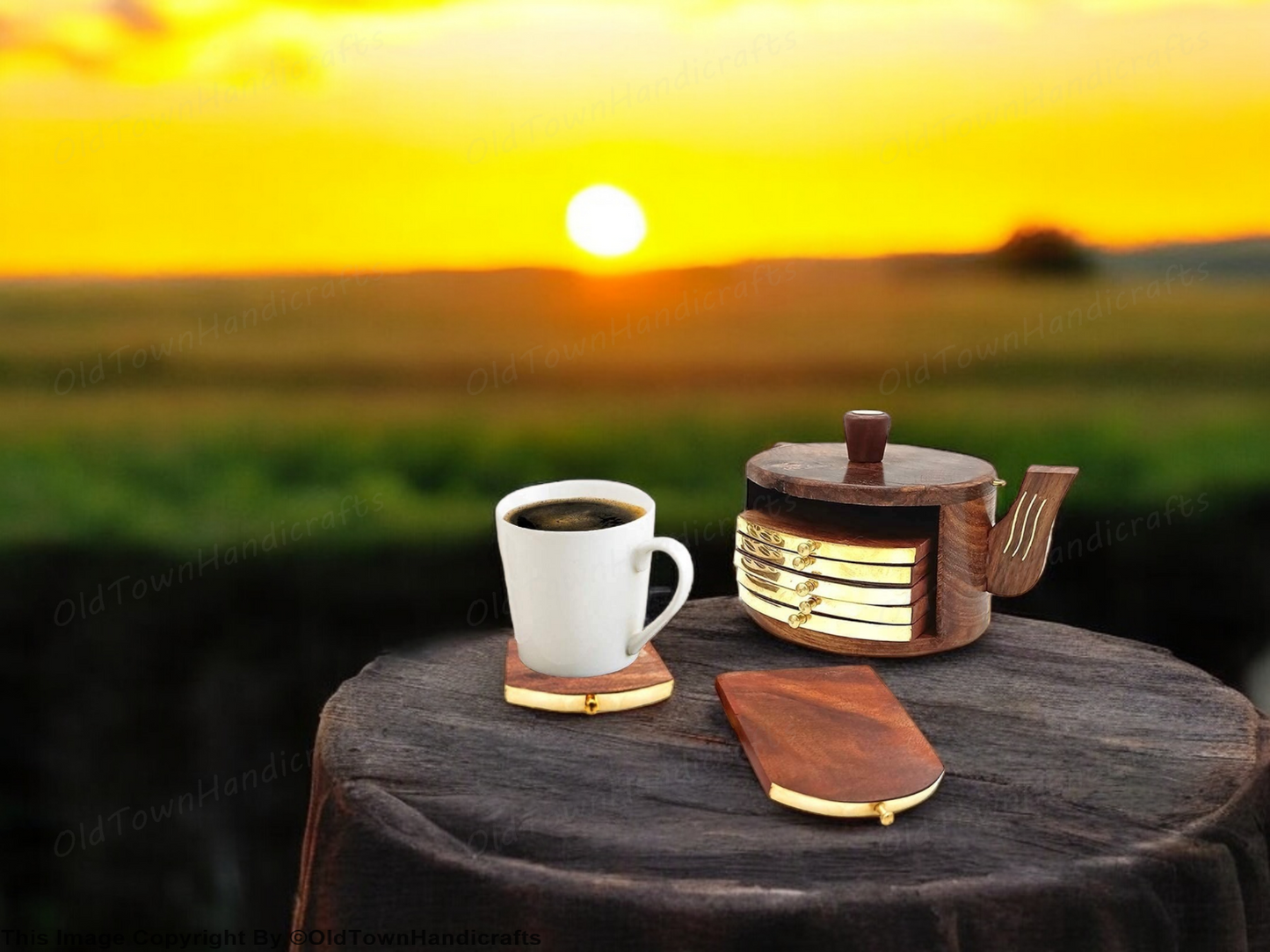 Wooden Tea Coaster Set of 6 Round Sheesham Wood with Brass Cattle Design, Gift