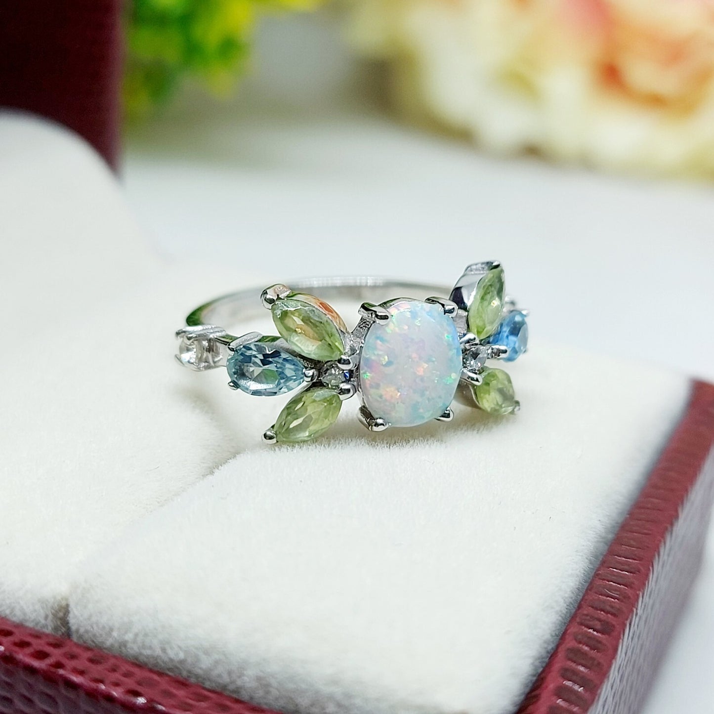 925 Silver Peridot Opal Cluster Ring Oval Cut Opal Promise Wedding Ring US5 ~15