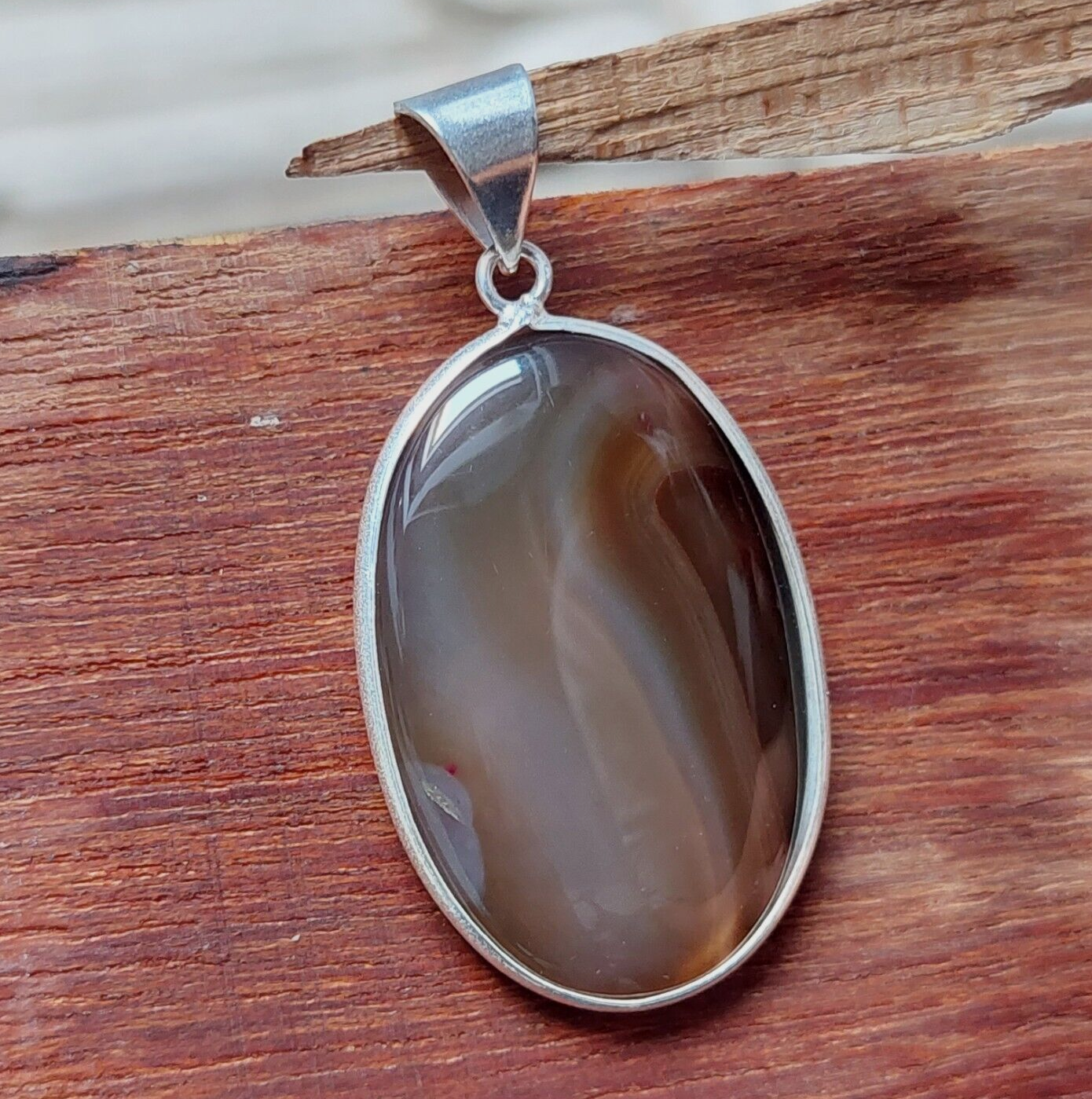 Vintage Chocolate Oval Brown Banded Agate Sterling Silver Pendant,Bezel Pendant