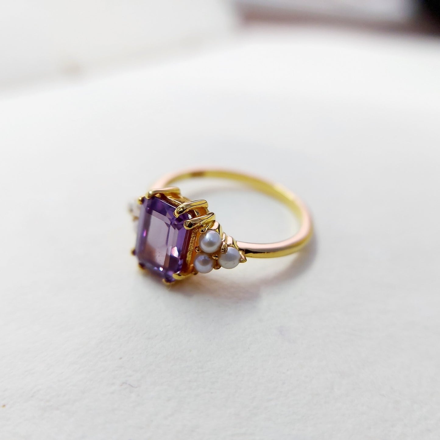 Emerald Cut Amethyst Pearl Ring 925 Silver Handmade Engagement Women Ring US5~15