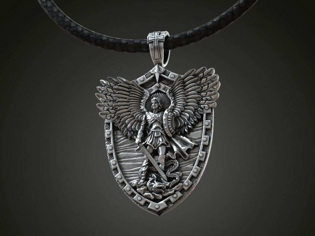Saint Archangel Michael Serpent Shield Wings Sword Silver Pendant St Michael