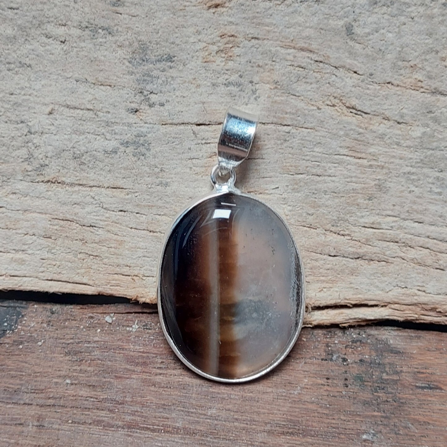 Brown Banded Agate Slice Crystal Pendant Necklace 925 Sterling Silver Women Gift