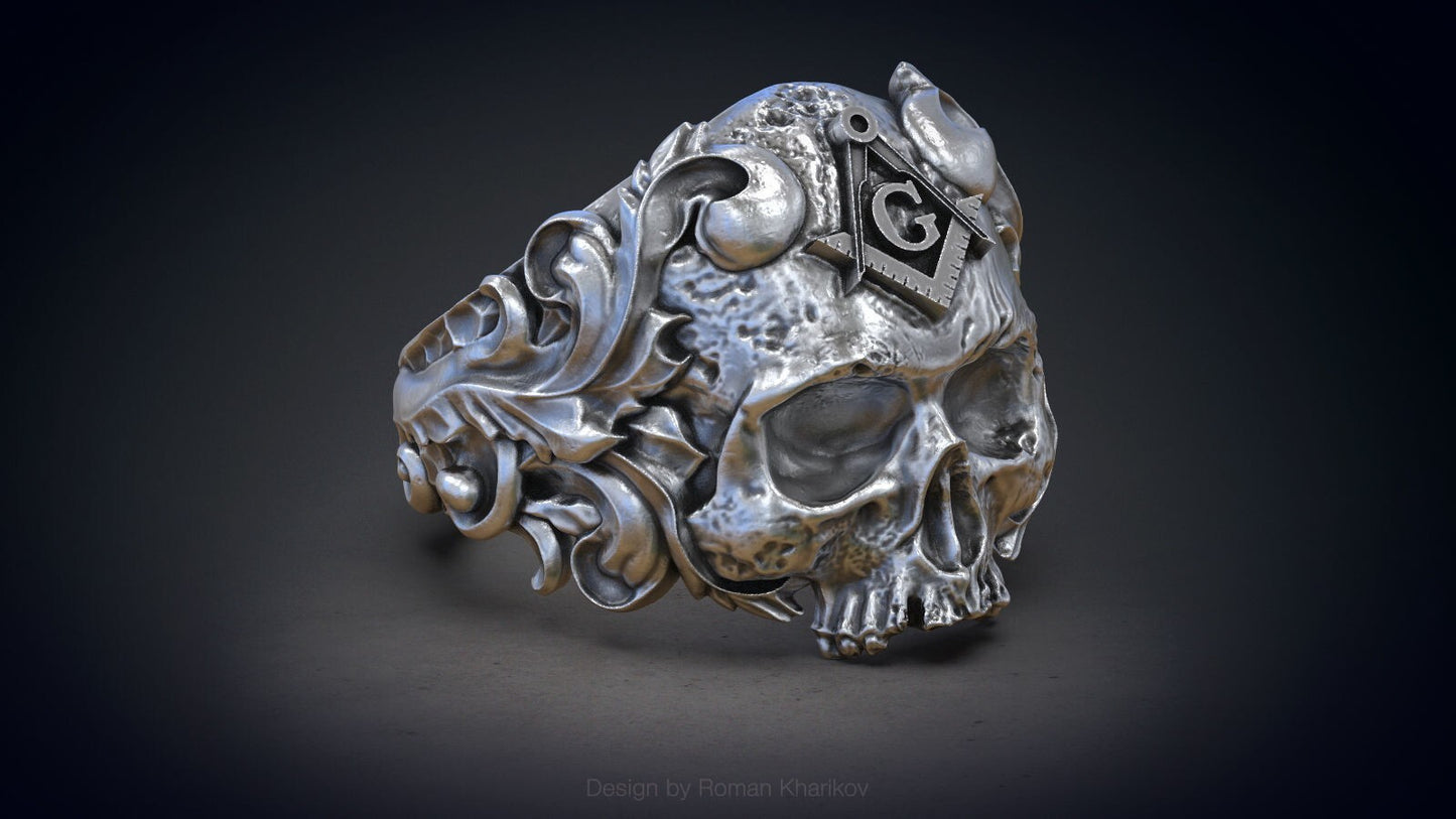 Silver Masonic Skull Ring US7-15 Solid Handmade Masonic Skull Ring For Men Women