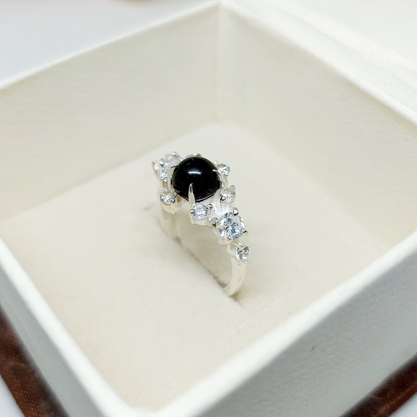 Natural Round Black Spinel Engagement Ring Cz Diamond 925 Sterling Silver Gift