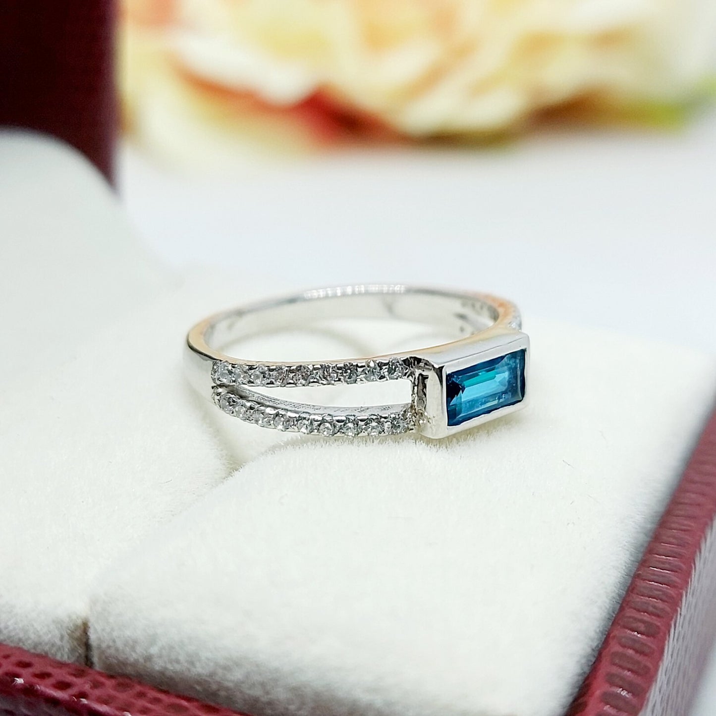 Silver Blue Tourmaline Baguette Shape Ring Women Birthstone Gift Ring Us5~ 15