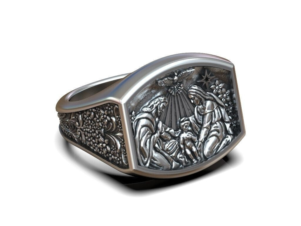 925 Sterling Silver Baby Jesus Nativity Star of Bethlehem Hail Mary Ring US5~15