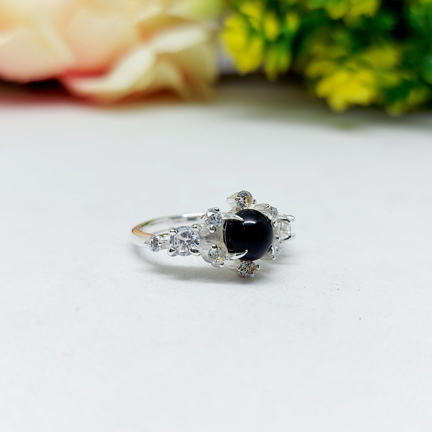 Natural Round Black Spinel Engagement Ring Cz Diamond 925 Sterling Silver Gift