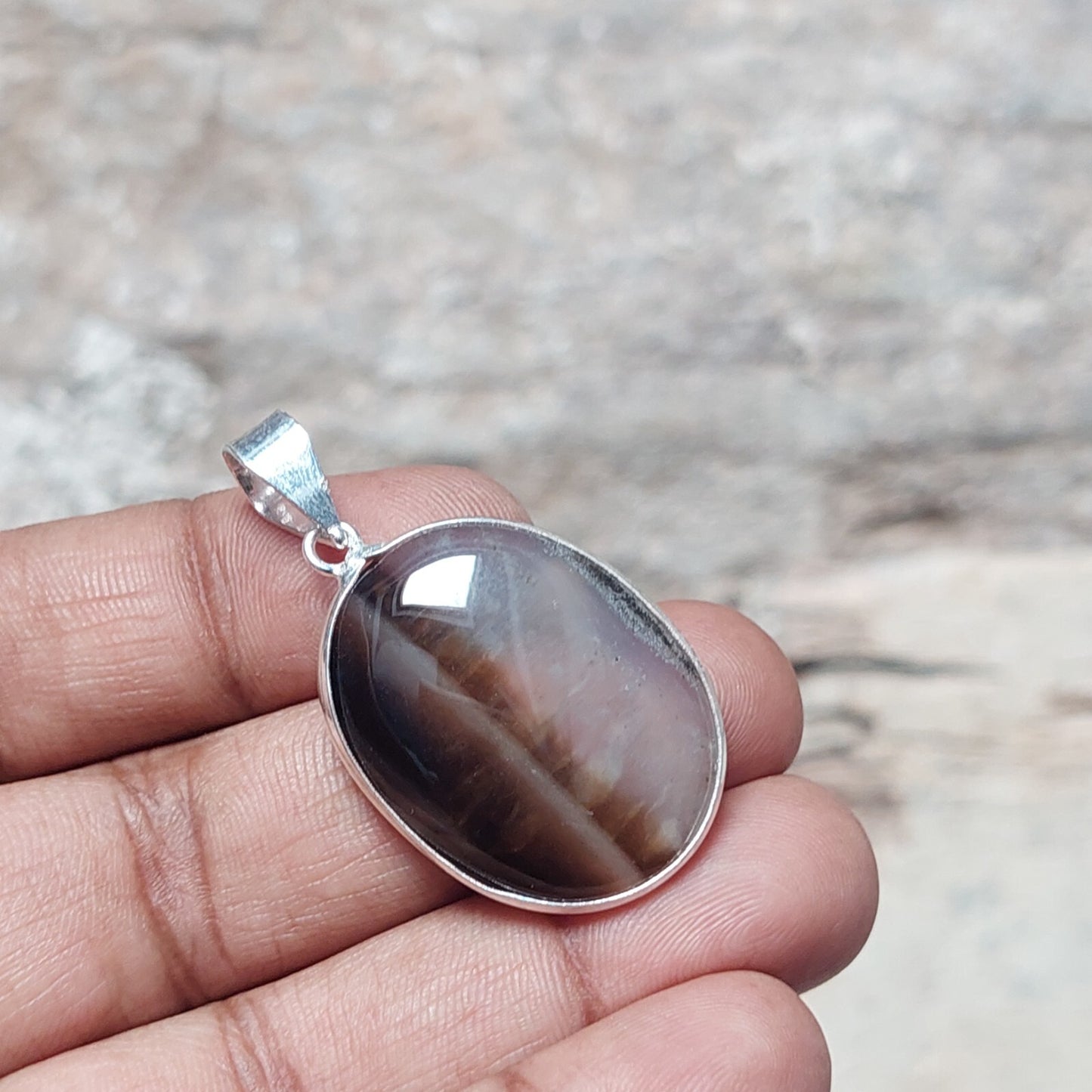 Brown Banded Agate Slice Crystal Pendant Necklace 925 Sterling Silver Women Gift