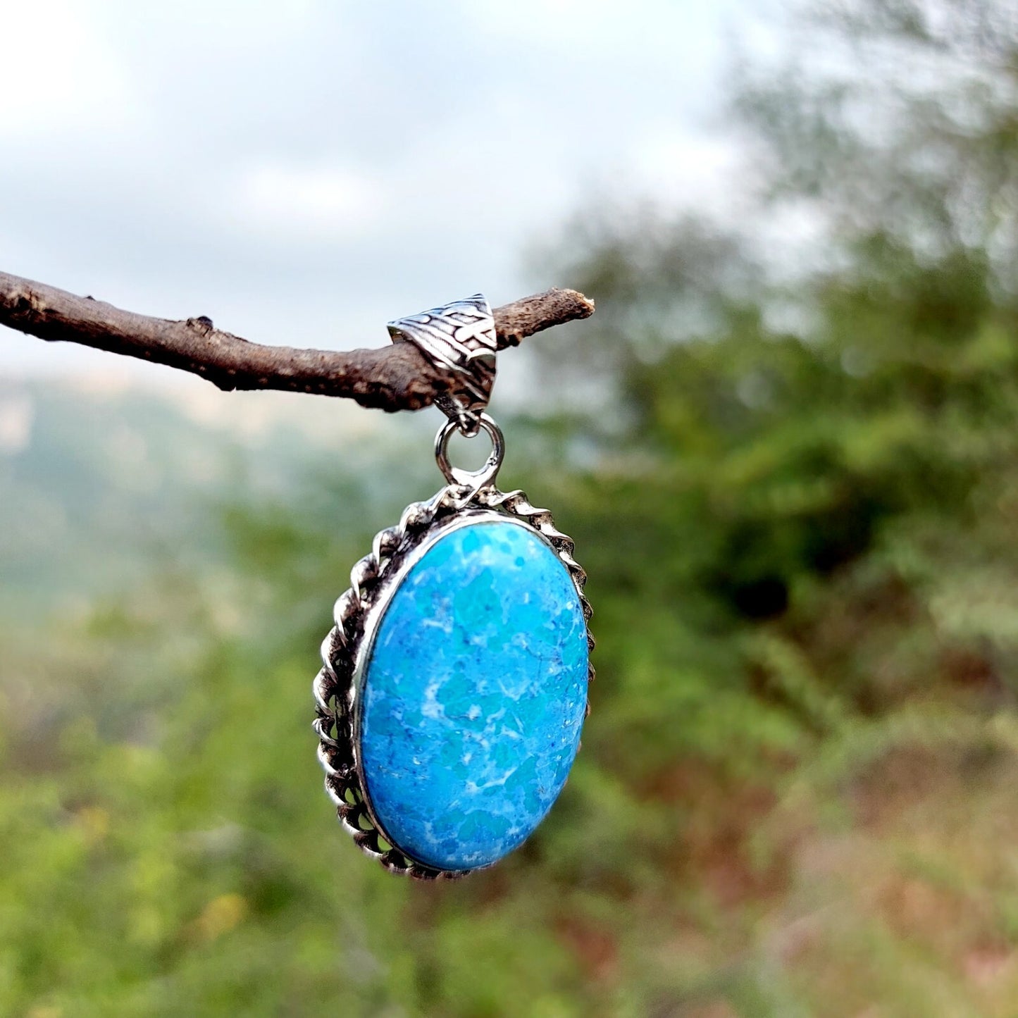 Oval Turquoise Sterling Silver Pendant Handmade Gemstone Celtic Rustic Mom Gift