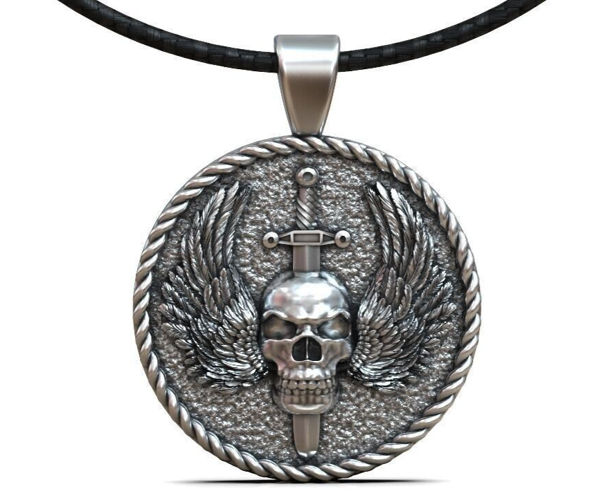 Gothic Mens Biker Skull Wings Pendant MENDEL Skull Wings Necklace Silver Jewelry