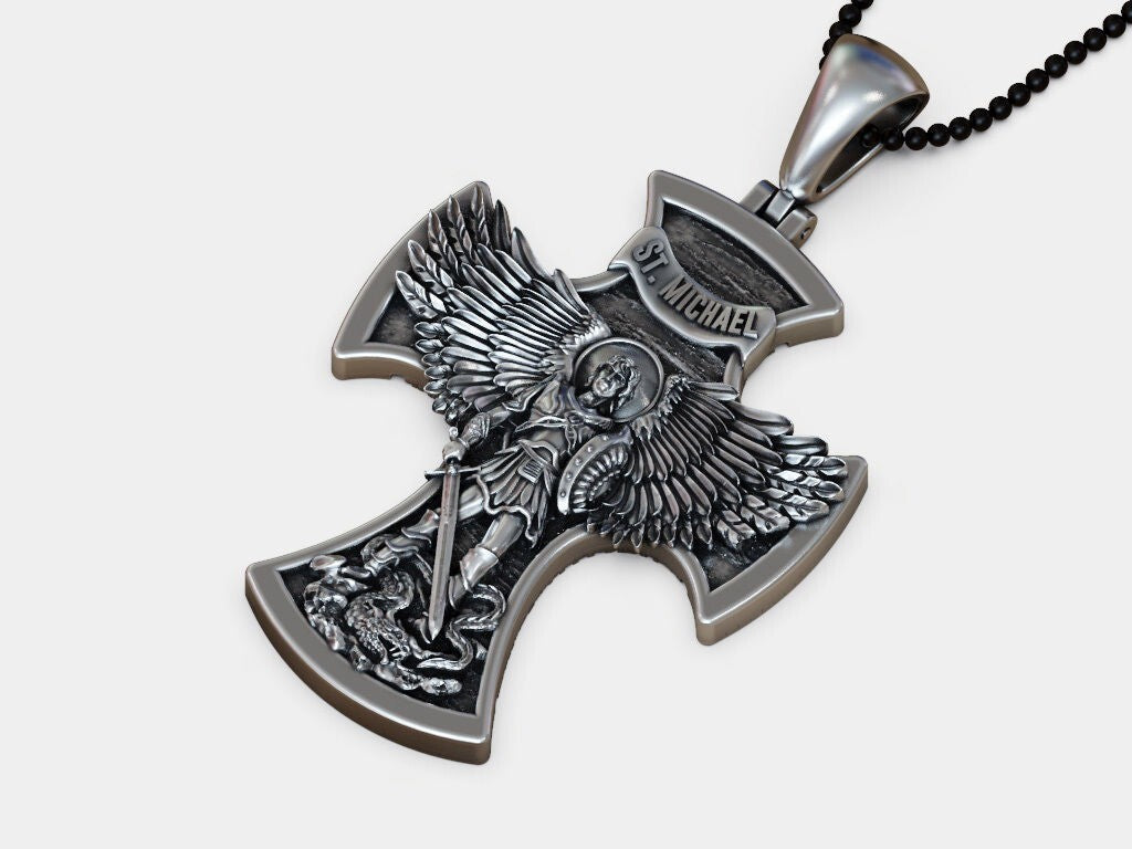 925 Silver Cross Saint Michael the Archangel with Prayer Pendant Necklace Unisex