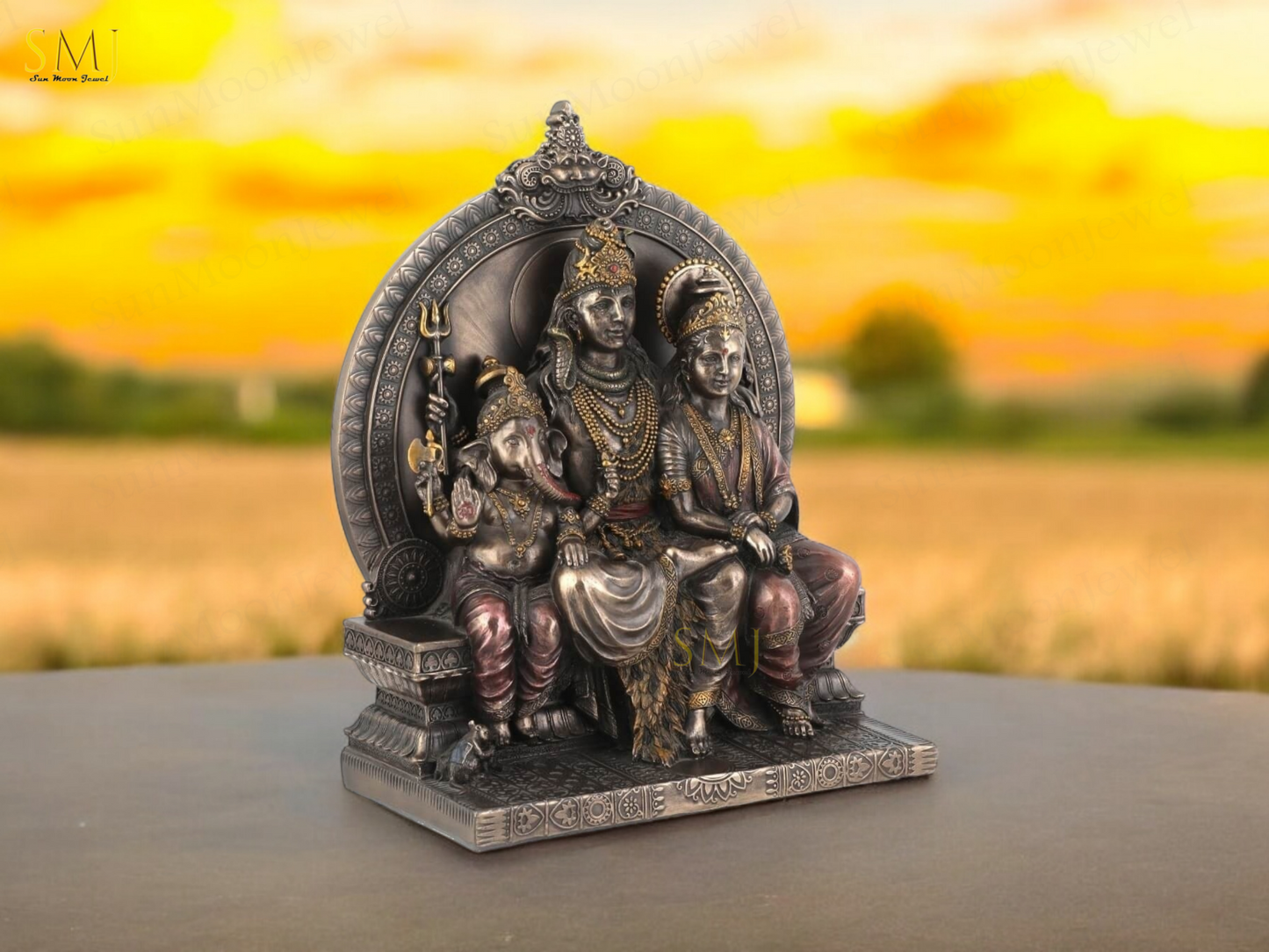 Shiv Family Copper Finish Sitting Shiva Parvati Ganesh Home Temple Decor Gift