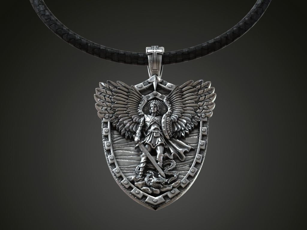 Saint Archangel Michael Serpent Shield Wings Sword Silver Pendant St Michael