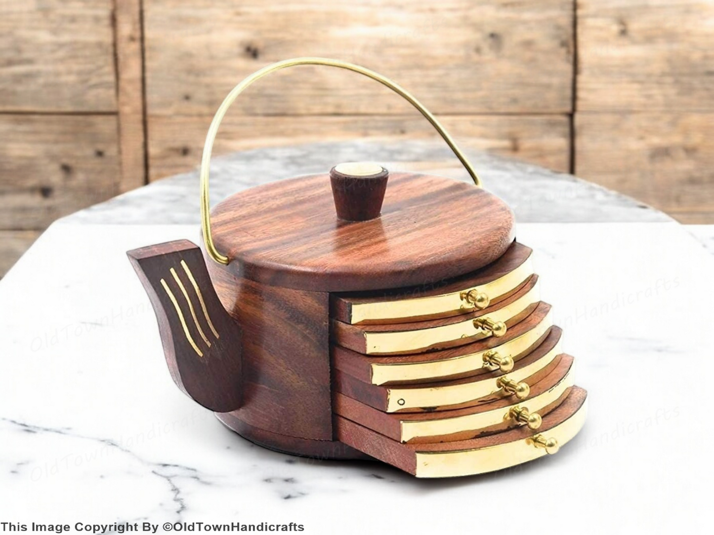 Wooden Tea Coaster Set of 6 Round Sheesham Wood with Brass Cattle Design, Gift