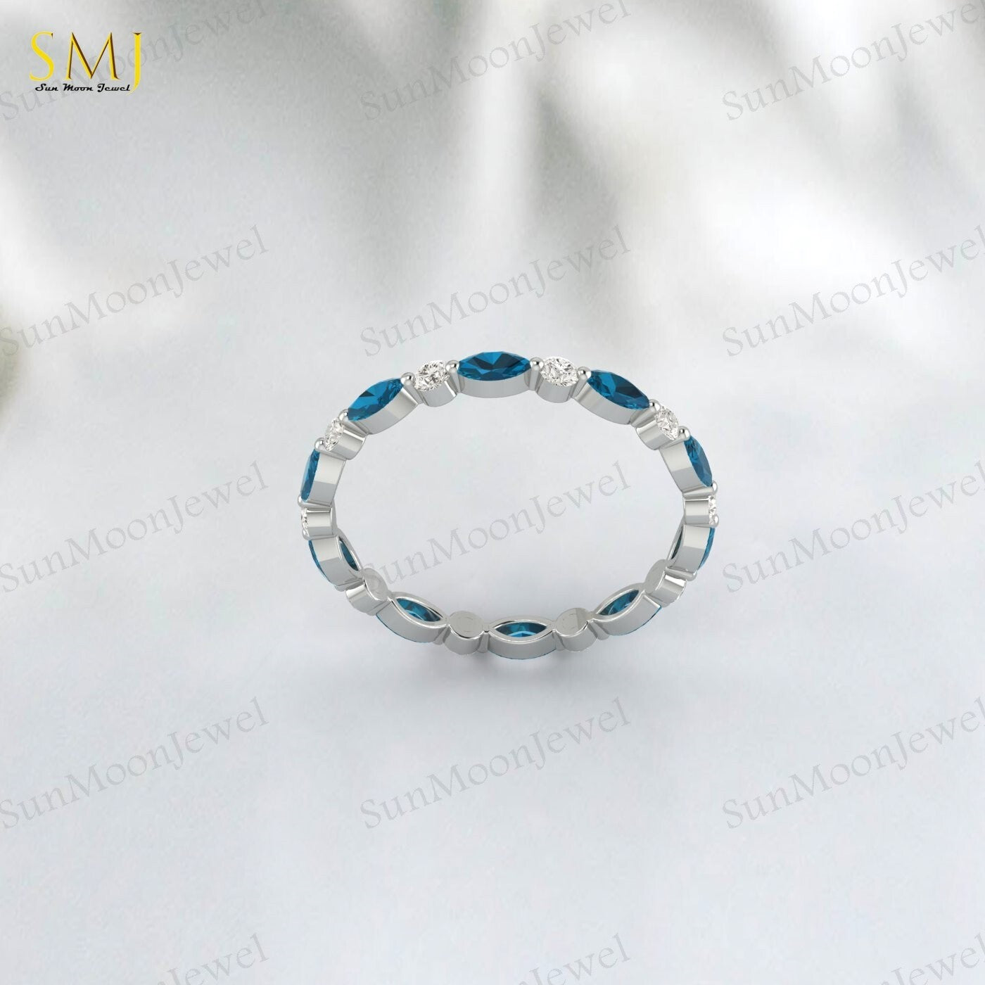 Full eternity Natural London Blue Topaz wedding band Marquise 925 Silver