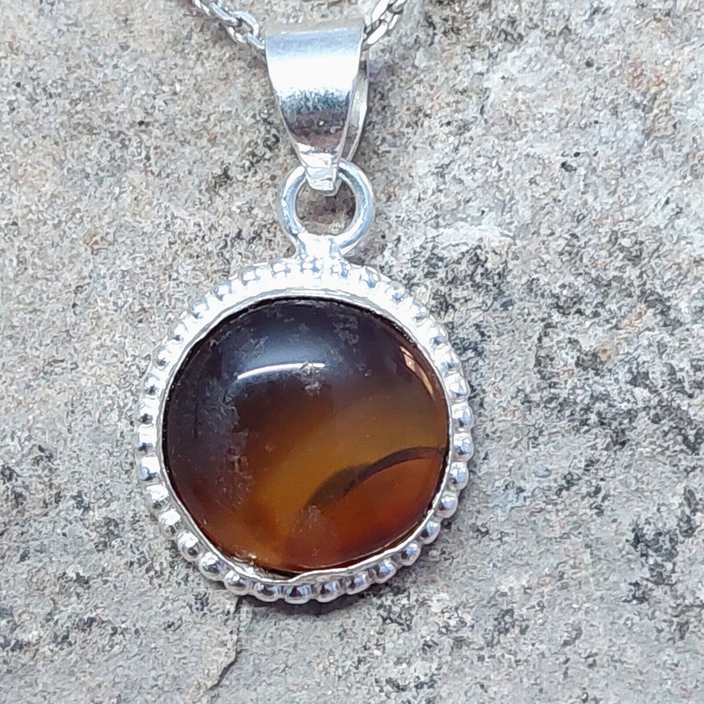 925 Sterling Silver Round Shape Brown Agate Pendant Only Pendant For Women