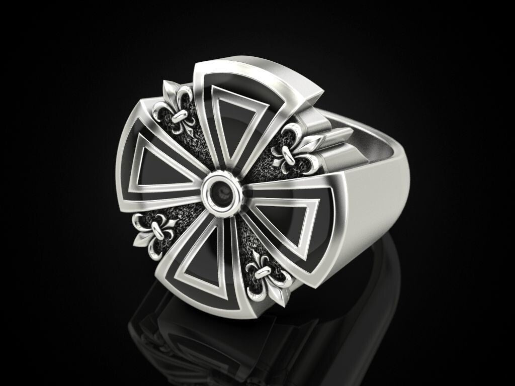 Silver Cross Ring Heraldic Lily Gothic Enamel US 5-15 Unisex Jewelry Women Men