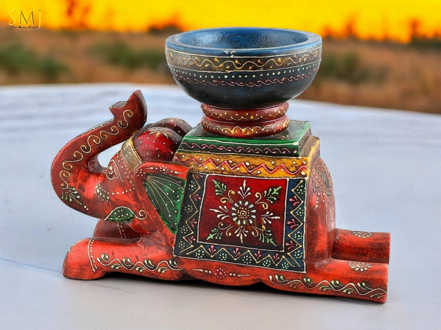 Wooden Painted Sitting Elephant Bowl Decorative Home & Gift Item Elephant Bowl