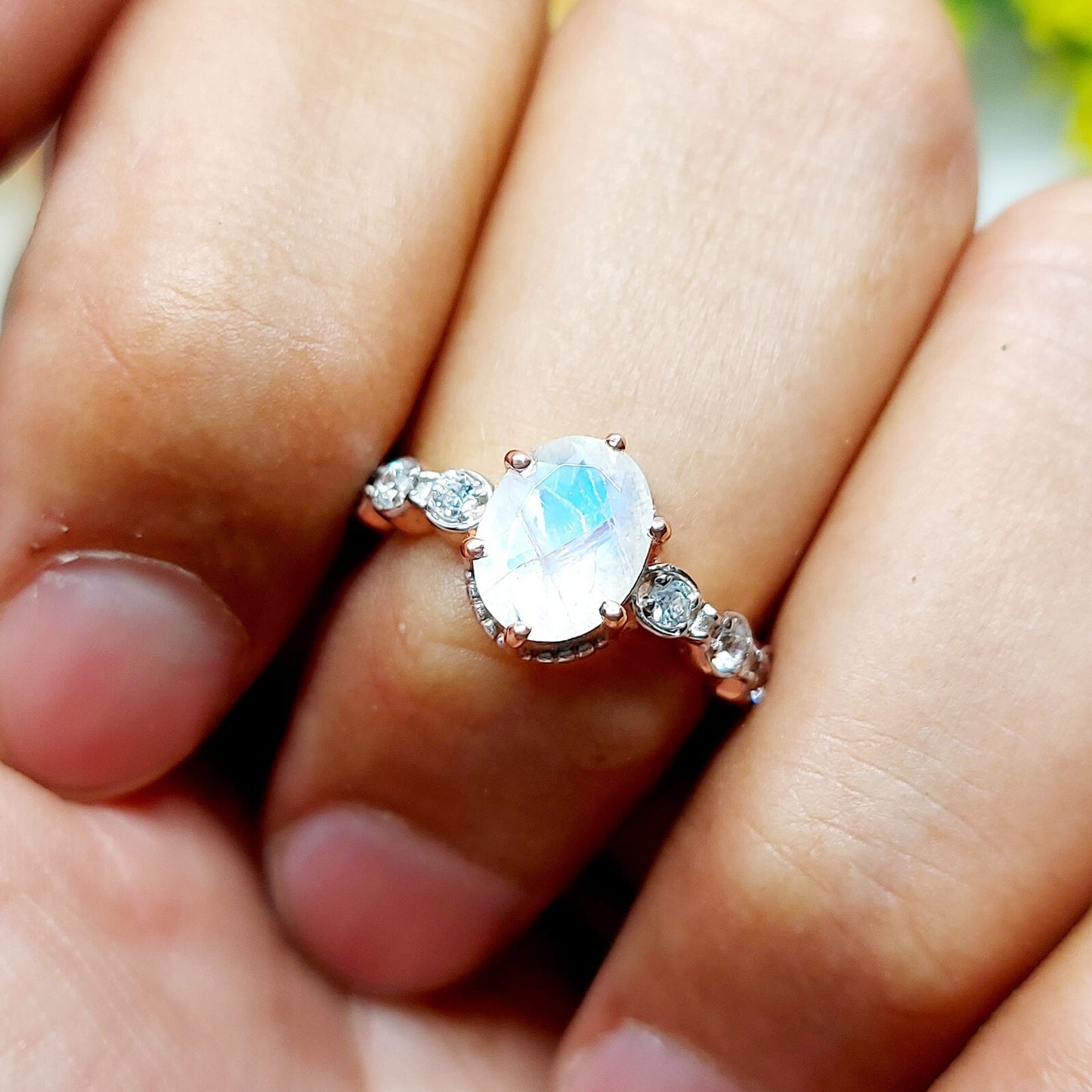 Natural Oval Cut Fire Moonstone Ring 925 Sterling Silver ArtDeco Engagement Ring