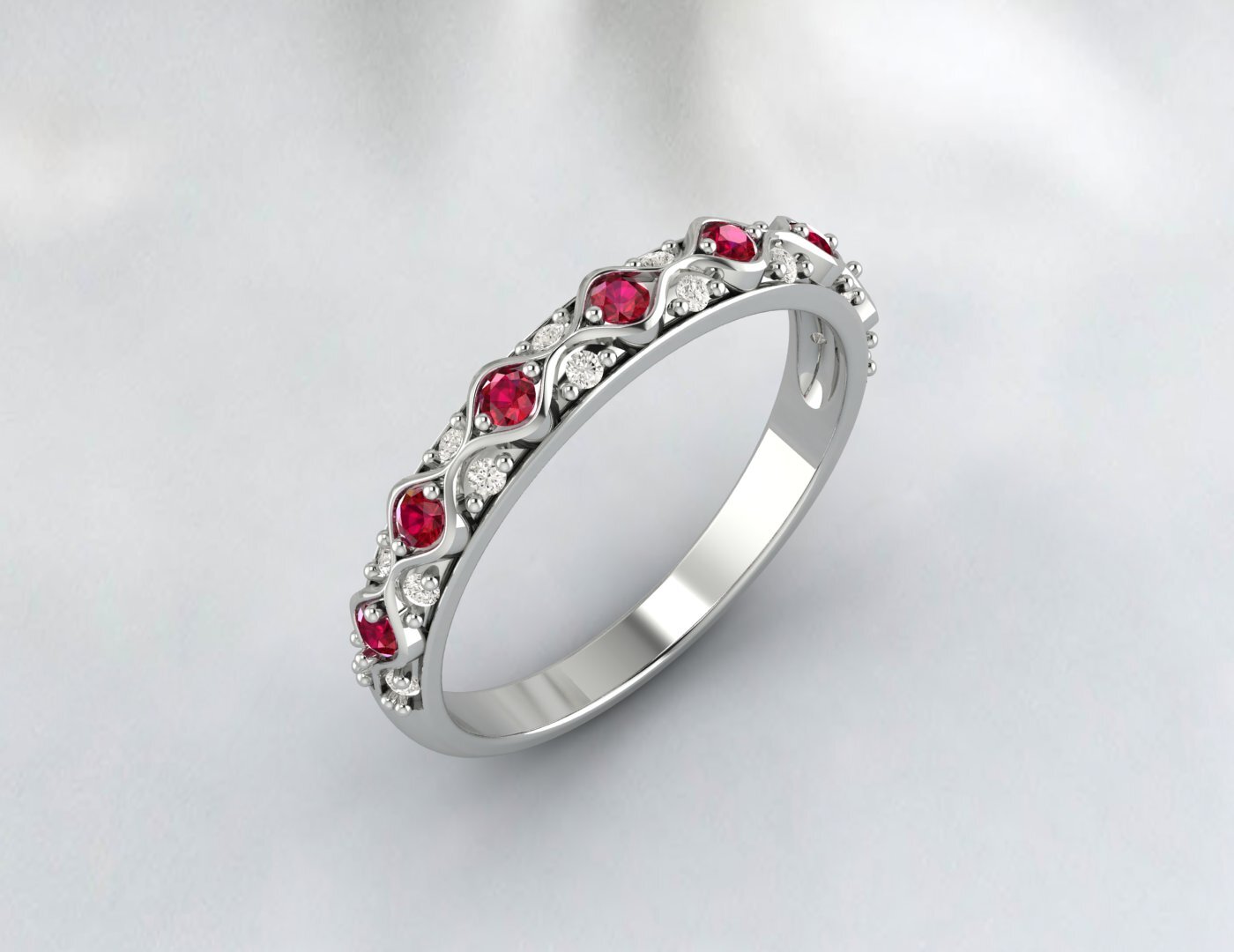 Ruby Cz Diamond Wedding Band Fine Silver Antique Unique Vintage Band Lab Created