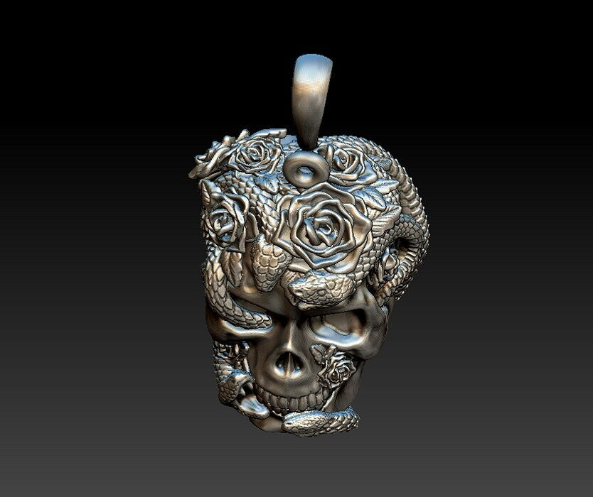 Silver Skull Roses Snake Serpents Pendant US7~15 Gothic Biker Jewelry Pendant