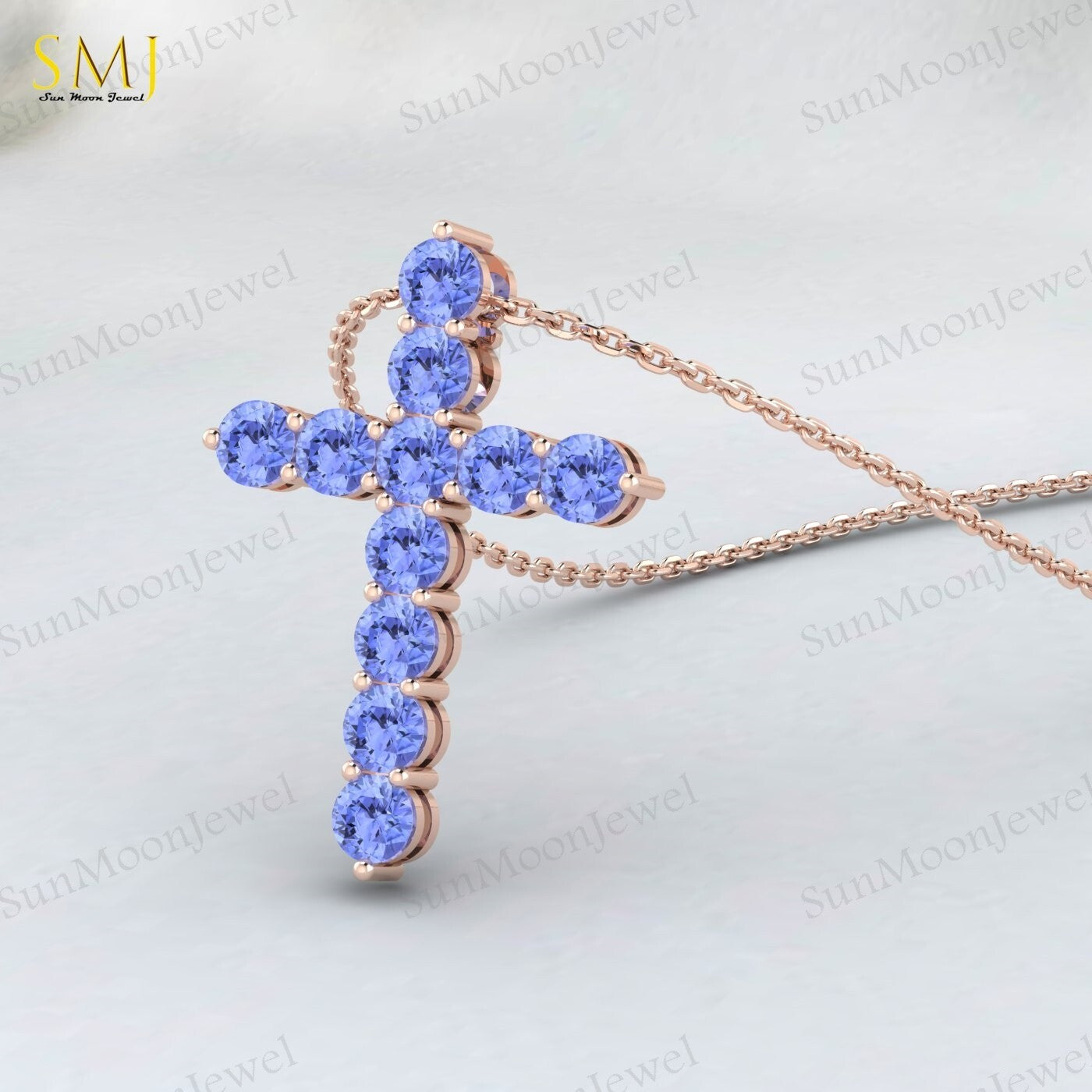 Natural Blue Tanzanite Cross Pendant 925 Sterling Silver Necklace