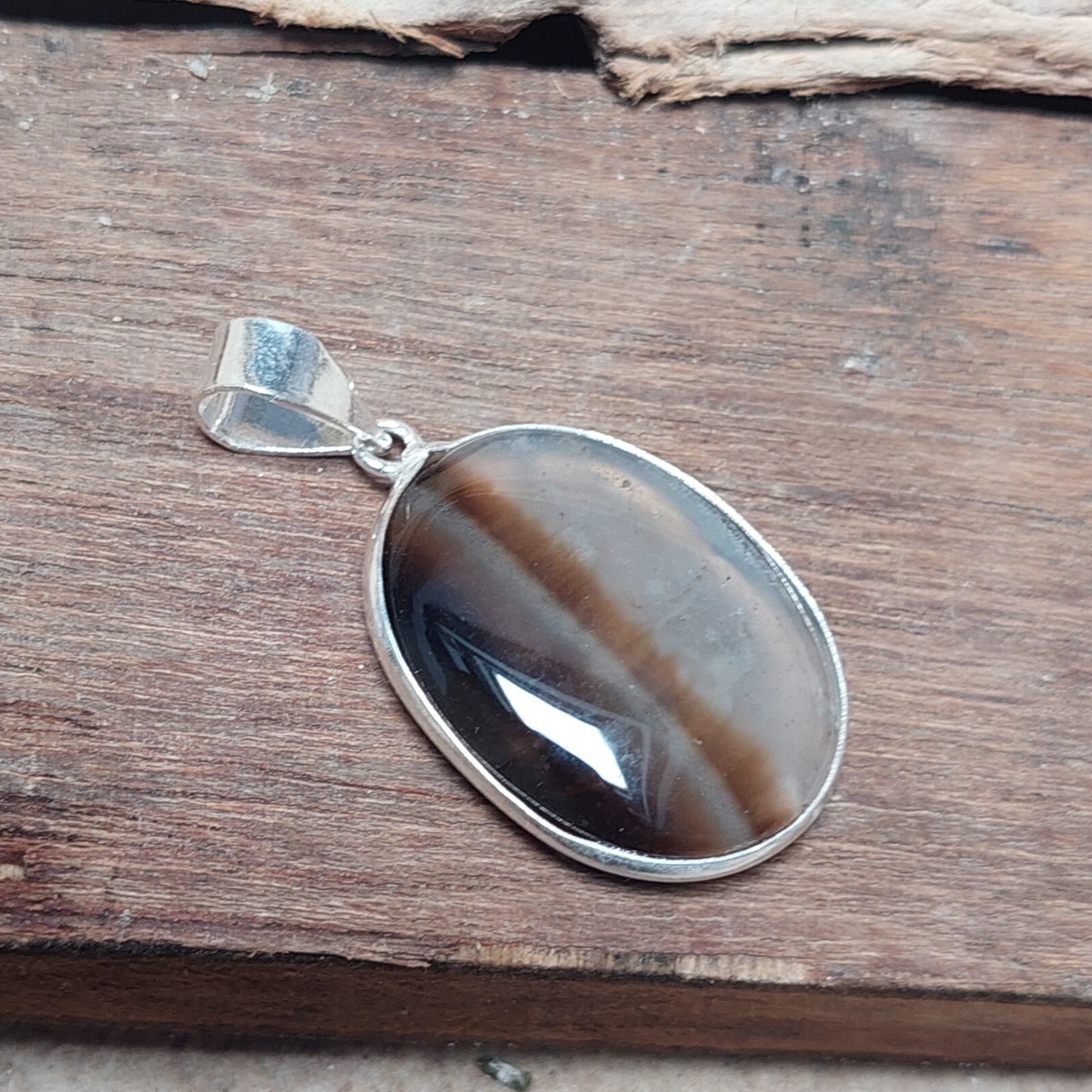 Brown Banded Agate Slice Crystal Pendant Necklace 925 Sterling Silver Women Gift